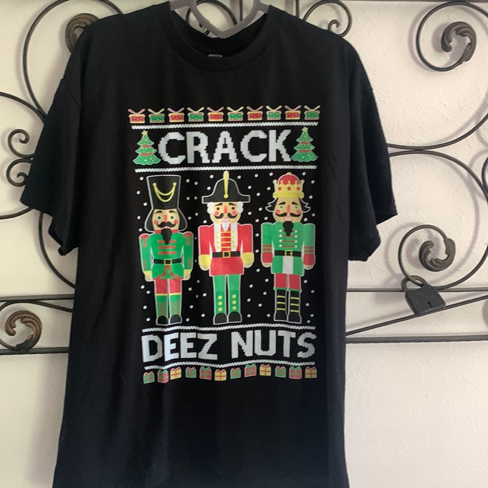 Mens short sleeve Christmas T-shirt “Crack deez nuts” nutcracker screen print.